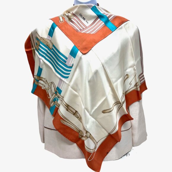 Vgt Celine Paris 100% Silk Scarf Satin 30" ivery beige orange blue belt (40 - Picture 2 of 8